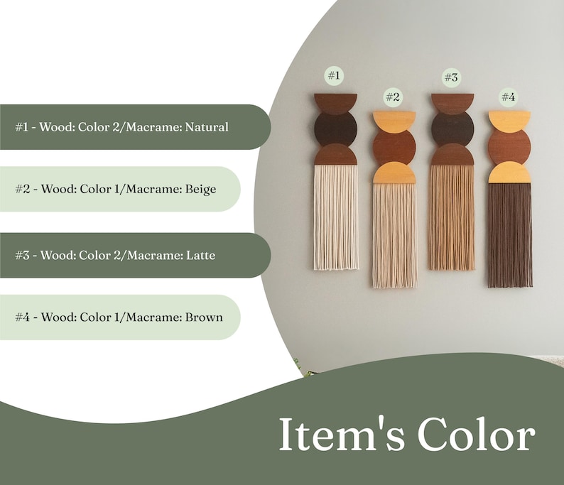 May include: Four wooden wall hangings with macrame fringe in natural, beige, latte, and brown. Each piece features a half-circle and two full circles in varying shades of brown and tan. The text "Item's Color" is at the bottom.