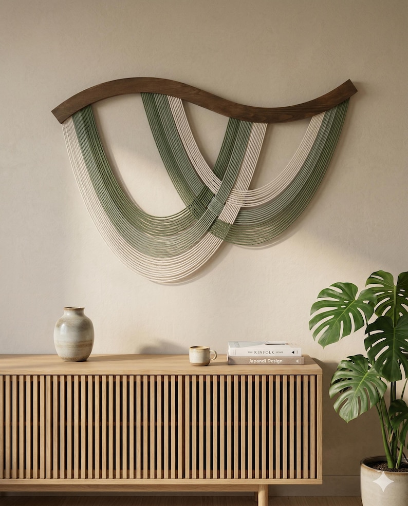 May include: A modern wall hanging featuring a curved, dark wood top with woven strands in shades of green and off-white. The artwork hangs above a light wood cabinet with vertical slats, a vase, and a plant.