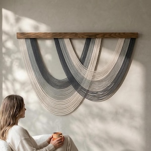 Arched Macrame Fiber Art and The Wave Wall Hanging Wood Wall Decor V89