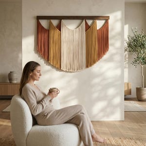 May include: A large, decorative wall hanging with a wooden top and cascading fringe in shades of rust, gold, and cream. The macrame art piece hangs above a person sitting in a white, rounded armchair. The room has a neutral color palette.