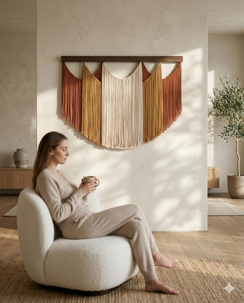 May include: A large, decorative wall hanging with a wooden top and cascading fringe in shades of rust, gold, and cream. The macrame art piece hangs above a person sitting in a white, rounded armchair. The room has a neutral color palette.