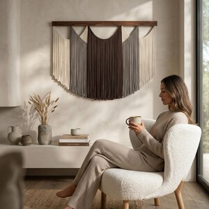 May include: A neutral-toned macrame wall hanging with a wooden bar, featuring cream, gray, and brown fringe. The wall decor is displayed above a white shelf with decorative vases and books. A woman sits in a white, fluffy chair, holding a mug.