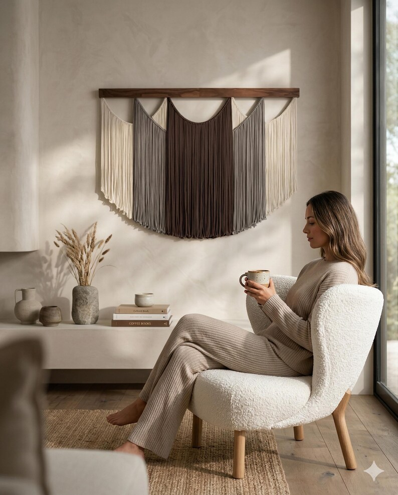 May include: A neutral-toned macrame wall hanging with a wooden bar, featuring cream, gray, and brown fringe. The wall decor is displayed above a white shelf with decorative vases and books. A woman sits in a white, fluffy chair, holding a mug.