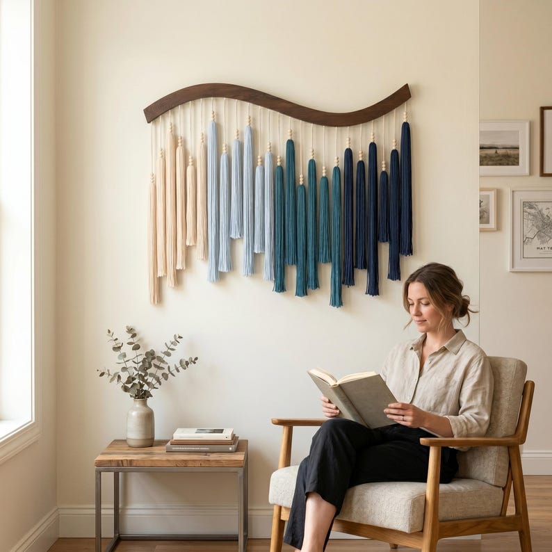 May include: A wall hanging featuring a curved dark wood bar with hanging cotton cords in an ombre color gradient. The cords transition from cream to light blue, teal, and dark navy blue, accented with small wooden beads at the top of each tassel.