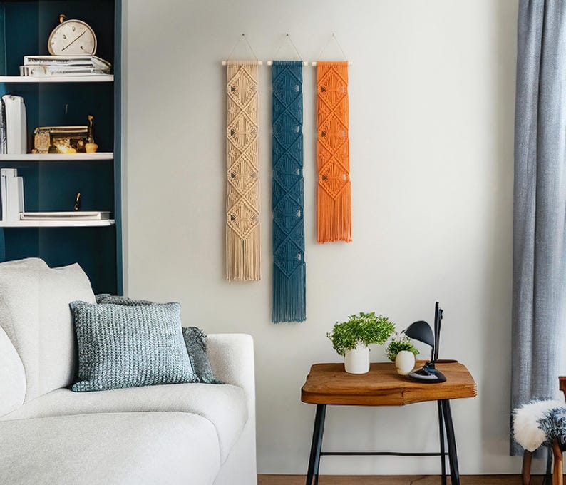 Makramowe ozdoby ścienne, nowoczesna sztuka ścienna, wystrój wnętrz w stylu boho, abstrakcyjna sztuka ścienna, eklektyczny wystrój wnętrz, ozdoba ścienna w stylu boho, wąska sztuka pionowa W05 zdjęcie 8