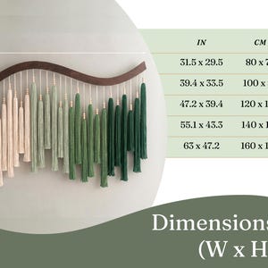 May include: A wall hanging featuring a dark brown curved wooden bar with hanging yarn tassels in an ombre gradient from cream to sage and dark forest green, accented with small wooden beads. A chart lists dimensions from 31.5 x 29.5 to 63 x 47.2 inches.
