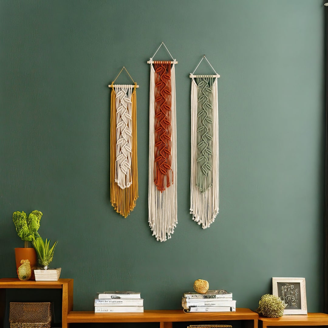 Boho Leaf Wall Art, Narrow Wall Hanging, Vertical Wall Decor, Macrame