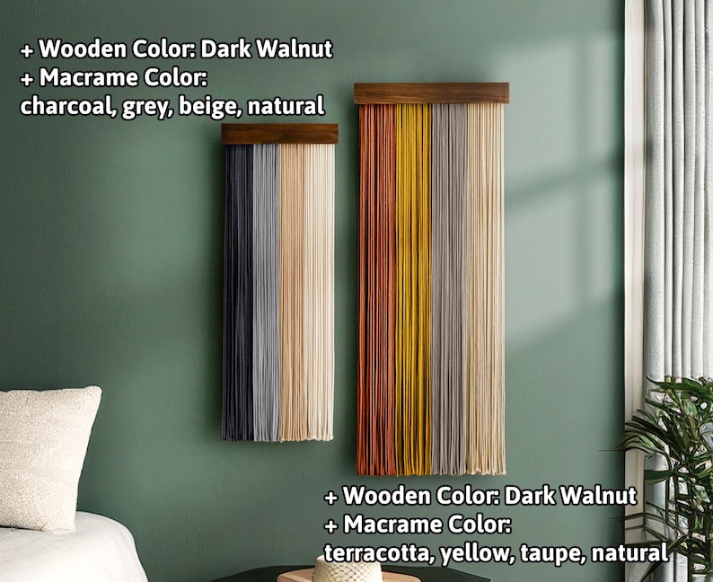 May include: Two macrame wall hangings with dark walnut wooden tops. One features charcoal, grey, beige, and natural macrame colors. The other displays terracotta, yellow, taupe, and natural macrame colors. The text on the image reads: + Wooden Color: Dark Walnut + Macrame Color: charcoal, grey, beige, natural and terracotta, yellow, taupe, natural.