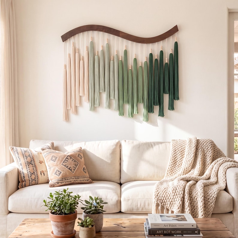 May include: A wall hanging featuring a curved dark wood top bar with hanging cotton cords in an ombre color gradient, transitioning from light cream to sage green and deep forest green, accented with small wooden beads on each cord strand.