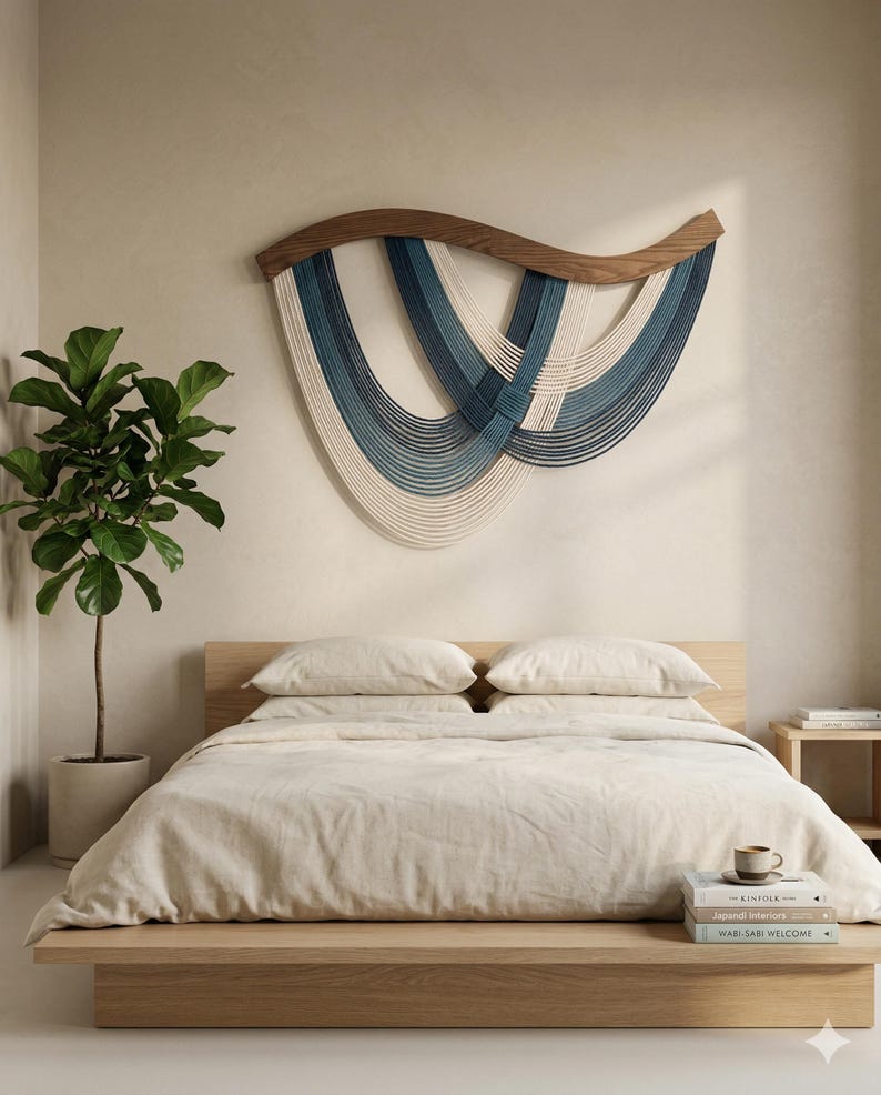 May include: A modern bedroom scene featuring a wooden bed frame with cream-colored bedding. Above the bed, a wall hanging with a wooden top and blue and white woven strands adds a decorative touch. A potted plant and books complete the minimalist aesthetic.