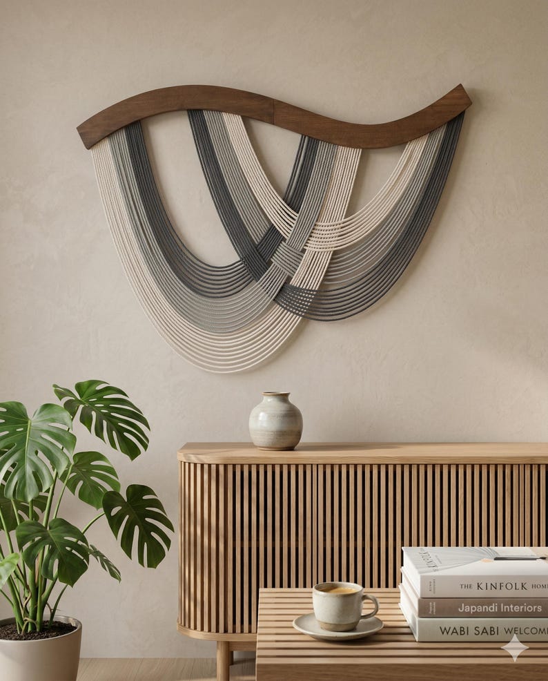 May include: A modern wall hanging featuring a dark wood curved top with cascading strands in shades of gray and white. The artwork is mounted on a neutral-colored wall. The image also shows a wooden cabinet, a plant, and a coffee table with a cup of coffee.