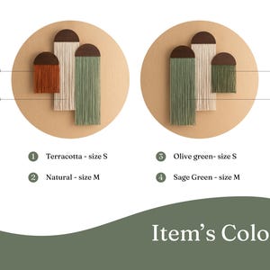 May include: Three wall hangings made of yarn in terracotta, natural, and olive green colors. The hangings are in different sizes, with the terracotta hanging being the smallest and the natural hanging being the largest. The hangings are labeled with numbers 1, 2, 3, and 4.