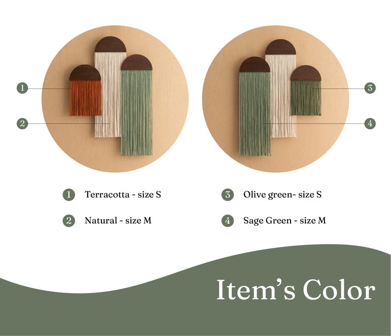 May include: Three wall hangings made of yarn in terracotta, natural, and olive green colors. The hangings are in different sizes, with the terracotta hanging being the smallest and the natural hanging being the largest. The hangings are labeled with numbers 1, 2, 3, and 4.