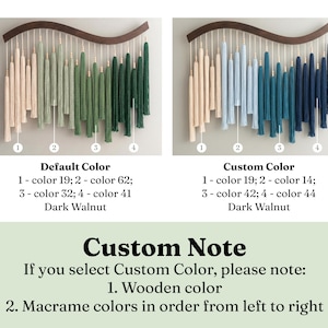 May include: Two wall hangings featuring a dark walnut curved wooden bar with hanging macrame tassels in gradient color schemes. The left shows green tones, the right shows blue tones. Text includes Default Color, Custom Color, and Custom Note.