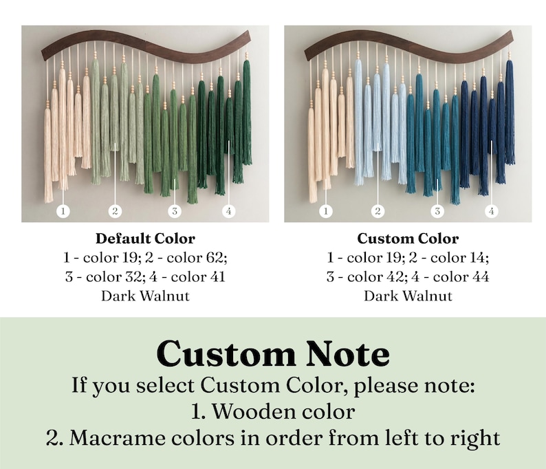 May include: Two wall hangings featuring a dark walnut curved wooden bar with hanging macrame tassels in gradient color schemes. The left shows green tones, the right shows blue tones. Text includes Default Color, Custom Color, and Custom Note.