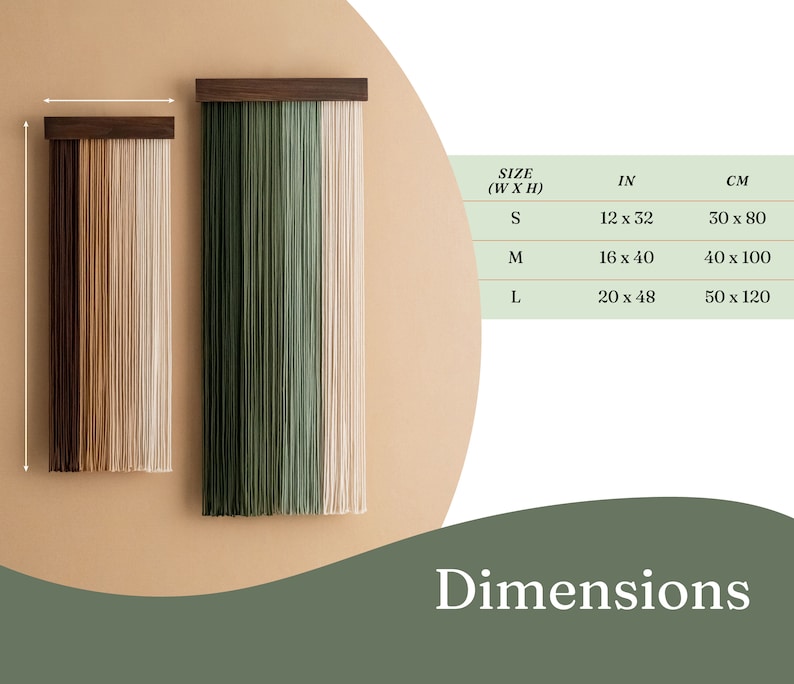 May include: Two macrame wall hangings with wooden tops. One features brown and beige strands, the other green and beige. Sizes are available: S (12 x 32 in), M (16 x 40 in), and L (20 x 48 in). The word "Dimensions" is at the bottom.