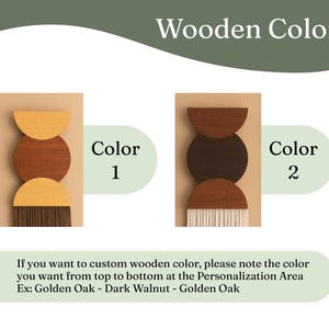 May include: Wooden wall art in two color schemes. Each design features a half-circle, a circle, and a half-circle in varying shades of brown and tan. The bottom section has a fringe. The text reads "Wooden Color" and "Color 1" and "Color 2".