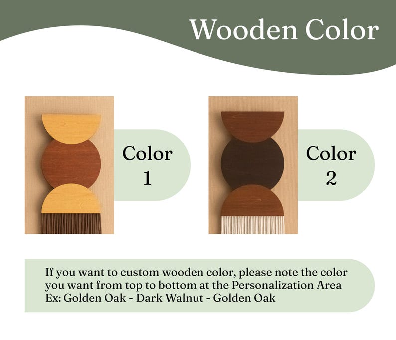 May include: Wooden wall art in two color schemes. Each design features a half-circle, a circle, and a half-circle in varying shades of brown and tan. The bottom section has a fringe. The text reads "Wooden Color" and "Color 1" and "Color 2".