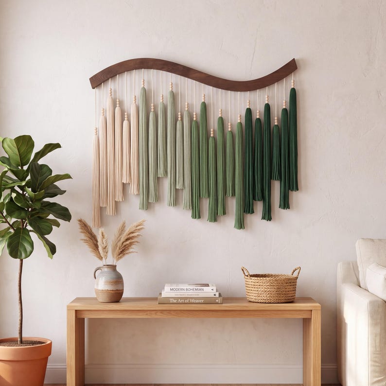 May include: A wall hanging featuring a curved dark wood bar with hanging fiber tassels in an ombre color gradient ranging from cream to sage green and deep forest green, accented with small wooden beads on each individual hanging cord.