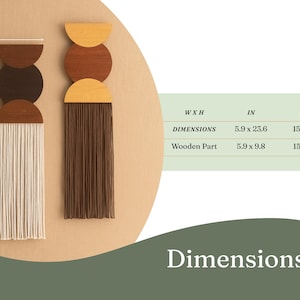 May include: Two wall hangings with a modern design. Each features a wooden top with a half-circle shape, stacked with circular wooden pieces in shades of brown and tan. One has cream-colored fringe, the other has brown fringe. Dimensions: 5.9 x 23.6 inches.