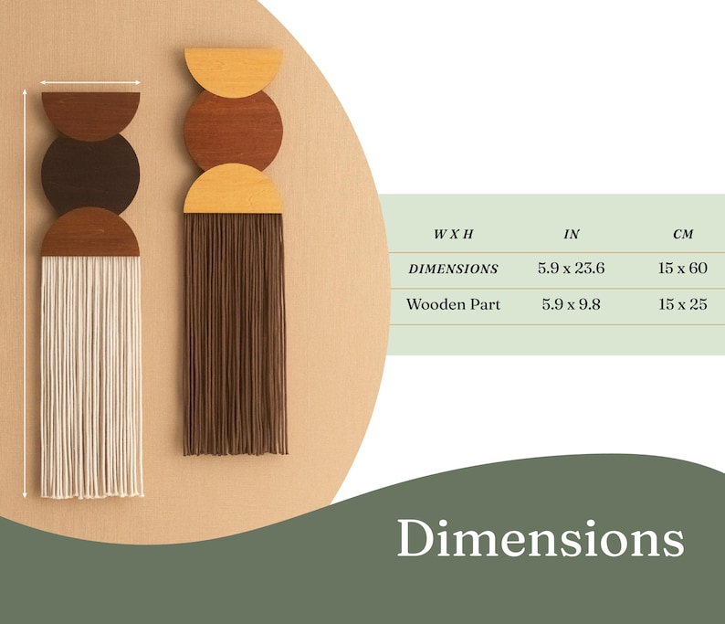 May include: Two wall hangings with a modern design. Each features a wooden top with a half-circle shape, stacked with circular wooden pieces in shades of brown and tan. One has cream-colored fringe, the other has brown fringe. Dimensions: 5.9 x 23.6 inches.