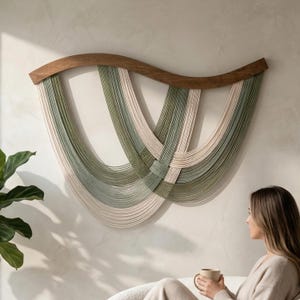 Tapiz Flow, arte escandinavo en madera y decoración de pared de fibra entrelazada V93