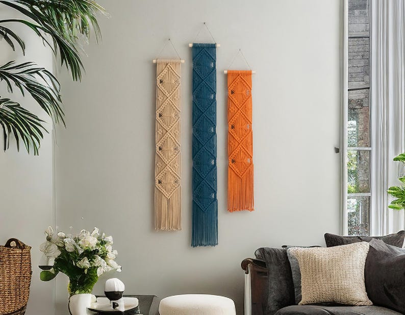 Makramowe ozdoby ścienne, nowoczesna sztuka ścienna, wystrój wnętrz w stylu boho, abstrakcyjna sztuka ścienna, eklektyczny wystrój wnętrz, ozdoba ścienna w stylu boho, wąska sztuka pionowa W05 zdjęcie 11