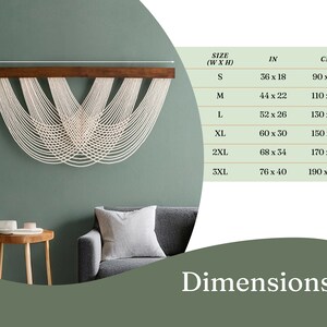 May include: A macrame wall hanging with a dark brown wooden bar and cream-colored woven design. Sizes range from 36 x 18 inches (90 x 45 cm) to 76 x 40 inches (190 x 100 cm). The word "Dimensions" is at the bottom.