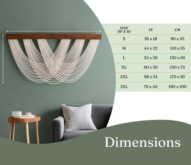 May include: A macrame wall hanging with a dark brown wooden bar and cream-colored woven design. Sizes range from 36 x 18 inches (90 x 45 cm) to 76 x 40 inches (190 x 100 cm). The word "Dimensions" is at the bottom.