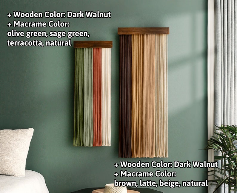 May include: Two macrame wall hangings with dark walnut wooden tops. The smaller one features olive green, sage green, terracotta, and natural macrame. The larger one displays brown, latte, beige, and natural macrame. The text on the image indicates the wooden color and macrame colors.
