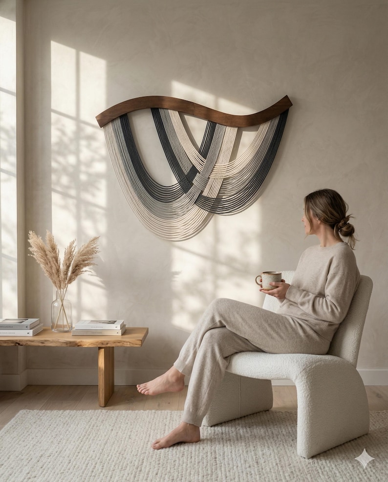 May include: A modern living room scene featuring a large, abstract wall hanging with a dark wood frame and woven strands in shades of gray and cream. A woman sits in a cream-colored chair, holding a mug. A wooden side table and rug complete the space.