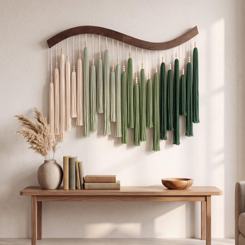 May include: A wall hanging featuring a curved dark wood bar with hanging cotton cords in an ombre color gradient from cream to light green and dark forest green, accented with small wooden beads at the top of each tassel strand.