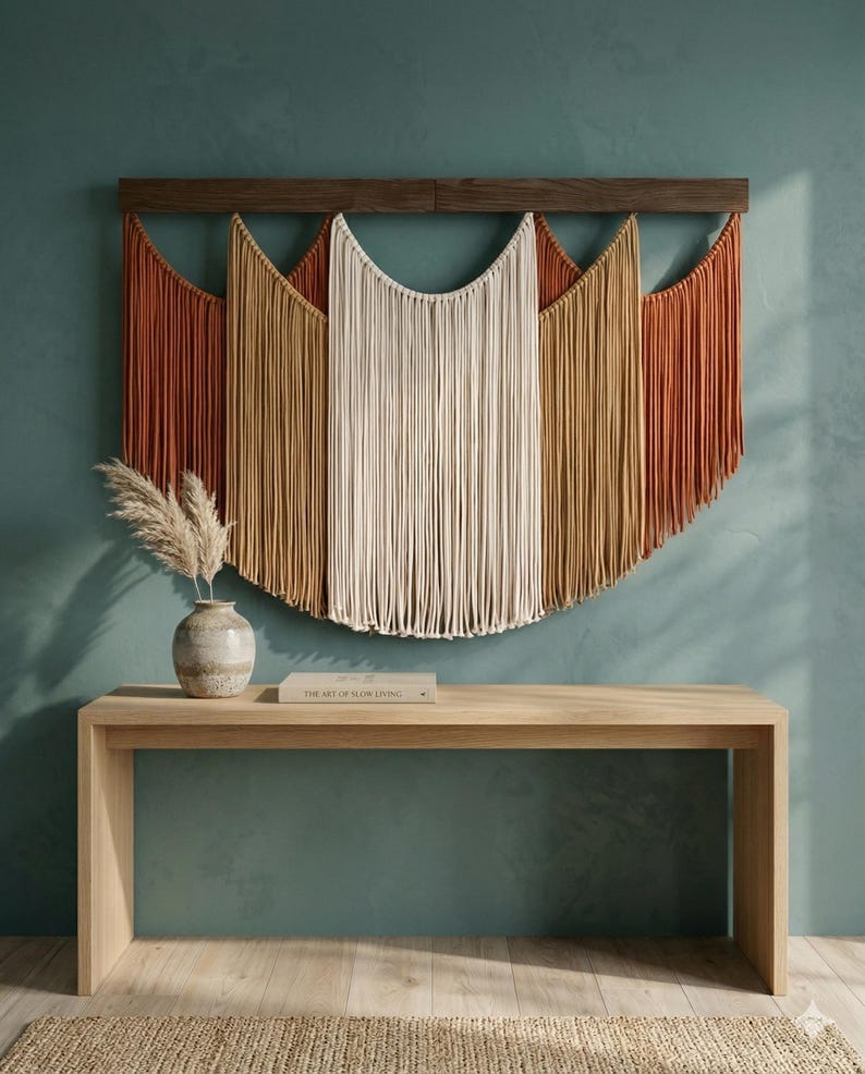 May include: A large macrame wall hanging with a wooden bar, featuring a color palette of rust, tan, and cream. Below, a light wood console table with a vase and a book titled "The Art of Slow Living".