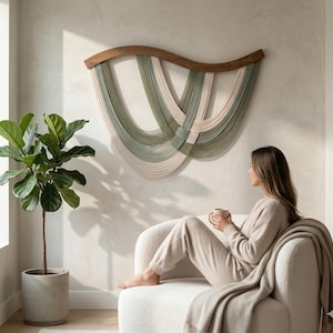 May include: A large, wall-mounted fiber art piece with a wooden top and cascading strands in shades of green and cream. The artwork hangs above a white armchair. A potted plant is in the foreground.