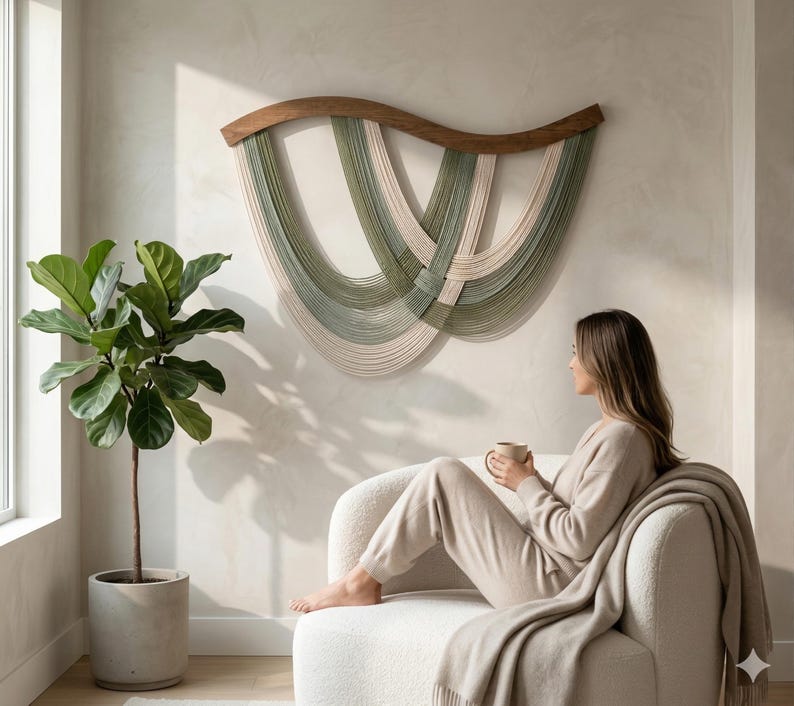 May include: A large, wall-mounted fiber art piece with a wooden top and cascading strands in shades of green and cream. The artwork hangs above a white armchair. A potted plant is in the foreground.