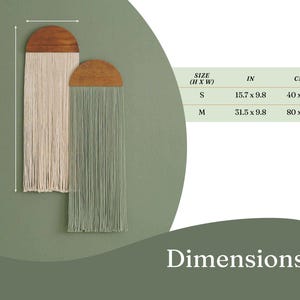 May include: Two macrame wall hangings with wooden tops. The larger hanging is green and the smaller hanging is cream. The hangings are 31.5 inches by 9.8 inches and 15.7 inches by 9.8 inches.
