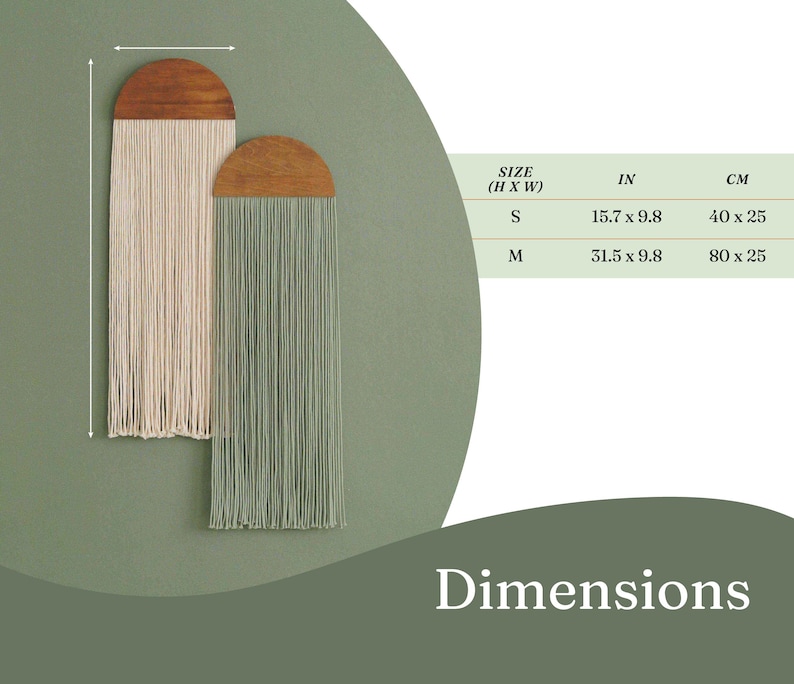 May include: Two macrame wall hangings with wooden tops. The larger hanging is green and the smaller hanging is cream. The hangings are 31.5 inches by 9.8 inches and 15.7 inches by 9.8 inches.