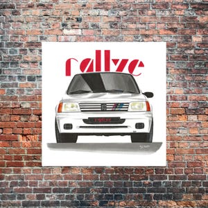 May include: A white Peugeot 205 rally car with red "rallye" text above it. The car is drawn in a realistic style with details like the headlights, grille, and wheels.