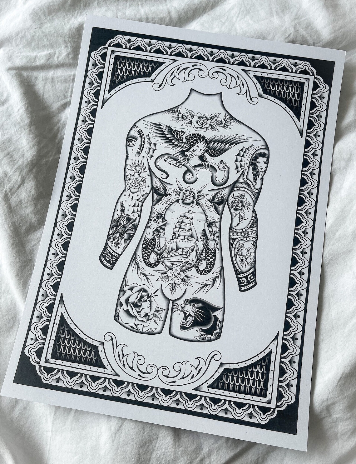 A4 Traditional Tattoo Flash Body Print Black and White - Etsy