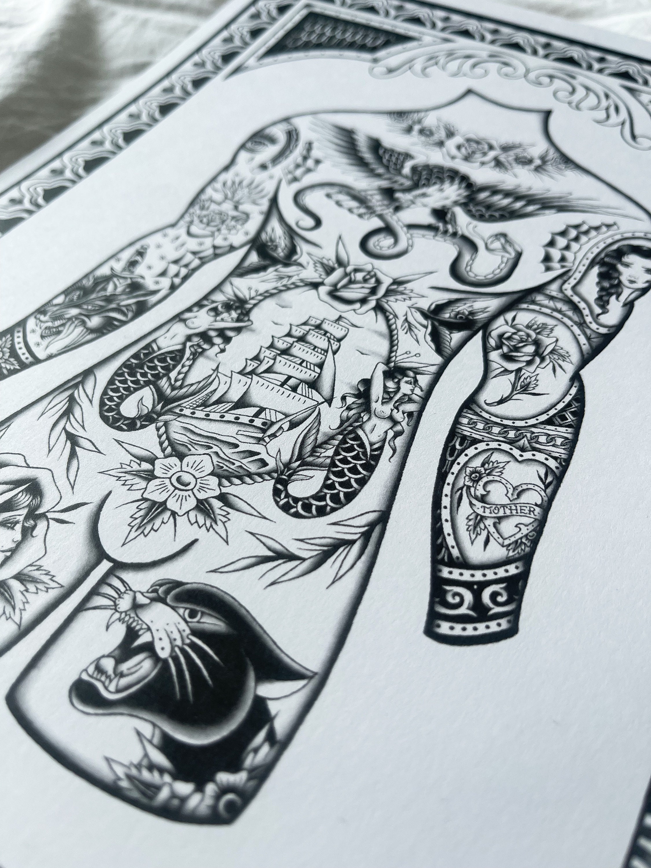 A4 Traditional Tattoo Flash Body Print Black and White - Etsy