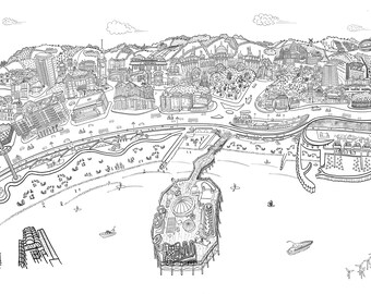 Puede incluir: Un dibujo en blanco y negro de una ciudad costera con un muelle que se extiende hacia el océano. El muelle tiene una gran estructura en forma de cúpula, y hay muchos edificios y estructuras más pequeños en el muelle. La ciudad se muestra en el fondo, con muchos edificios y calles.