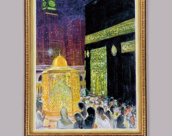 Kaaba Wall Art Kunst Muqam und Ibrahim Masjeed al Haram Originalgemälde lackiert und bereit zum Einrahmen. Versand als Rolle.