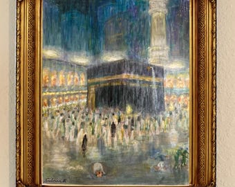 Regen in der Masjid ul Haram, in der Mekka Moschee, in der Kaaba. Original 16x20 Gemälde lackiert und bereit, gerahmt zu werden. Versand als Rolle.