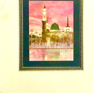 Masjid Nabawi Madinah at Sunset Original Oil Painting Print on Premium Matte vertical posters, ready for for framing.