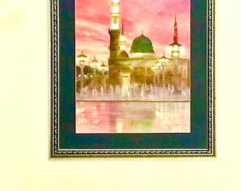 Masjid Nabawi Madinah bei Sonnenuntergang Original Ölgemälde Druck auf Premium Matte vertikale Poster, bereit für die Rahmung.