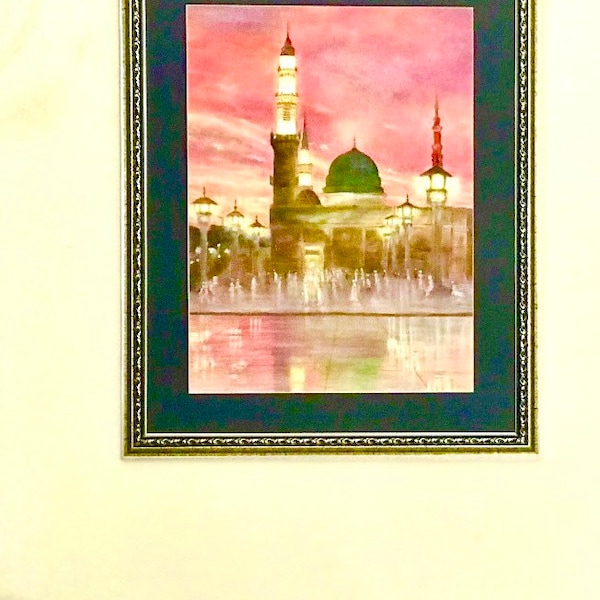 Masjid Nabawi Madinah at Sunset Original Oil Painting Print sur des affiches verticales Mate Premium, prêtes pour le cadrage.