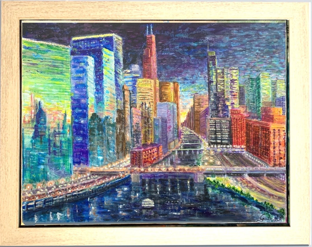 Original Large Chicago Downtown Painting in Oil Varnished and Etsy