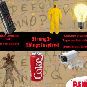 Strang3r Th1ngs Inspired 1980&#39;s themed digital paper kit with fussy cuts, journal pages and ephemera, tags and more