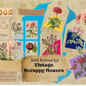 Vintage scrappy flower, floral and botanical digital paper kit with fussy cuts, journal pages and ephemera!