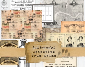 détective vintage, kit de papier numérique sur le thème du vrai crime avec des coupes difficiles, des pages de journal et des éphémères !